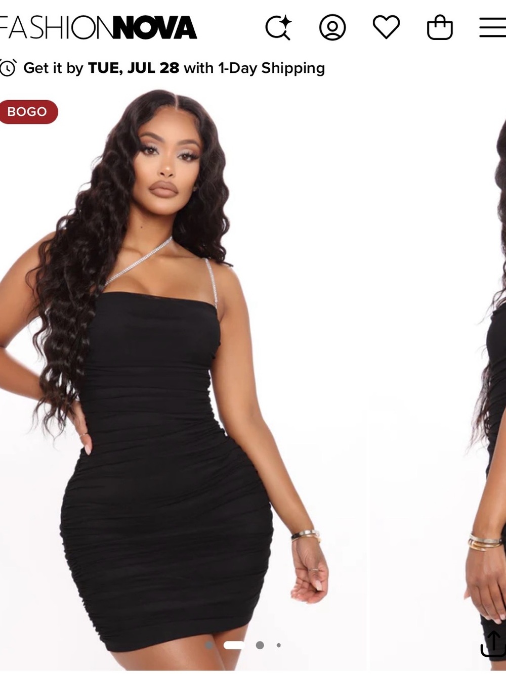 Fashion Nova Black Ruched Bodycon Mini with Rhinestone Straps